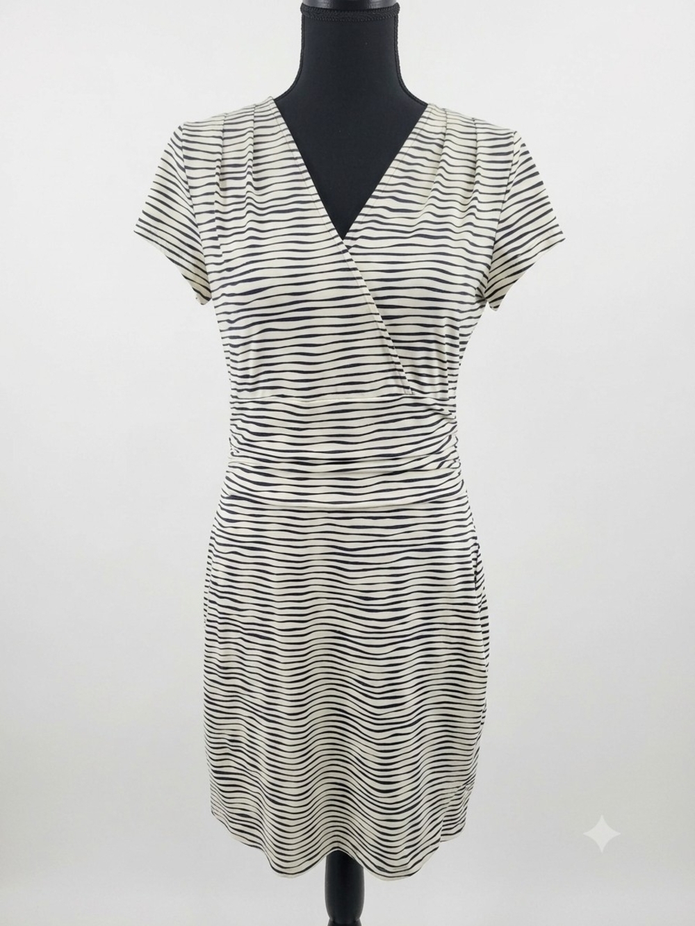 Black & Cream Striped Faux-Wrap Midi Dress